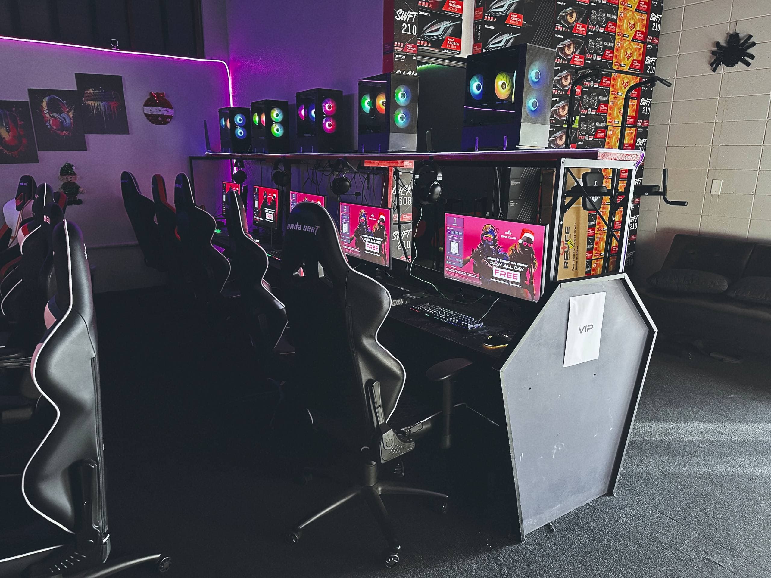 Gaming PCs in low purple light